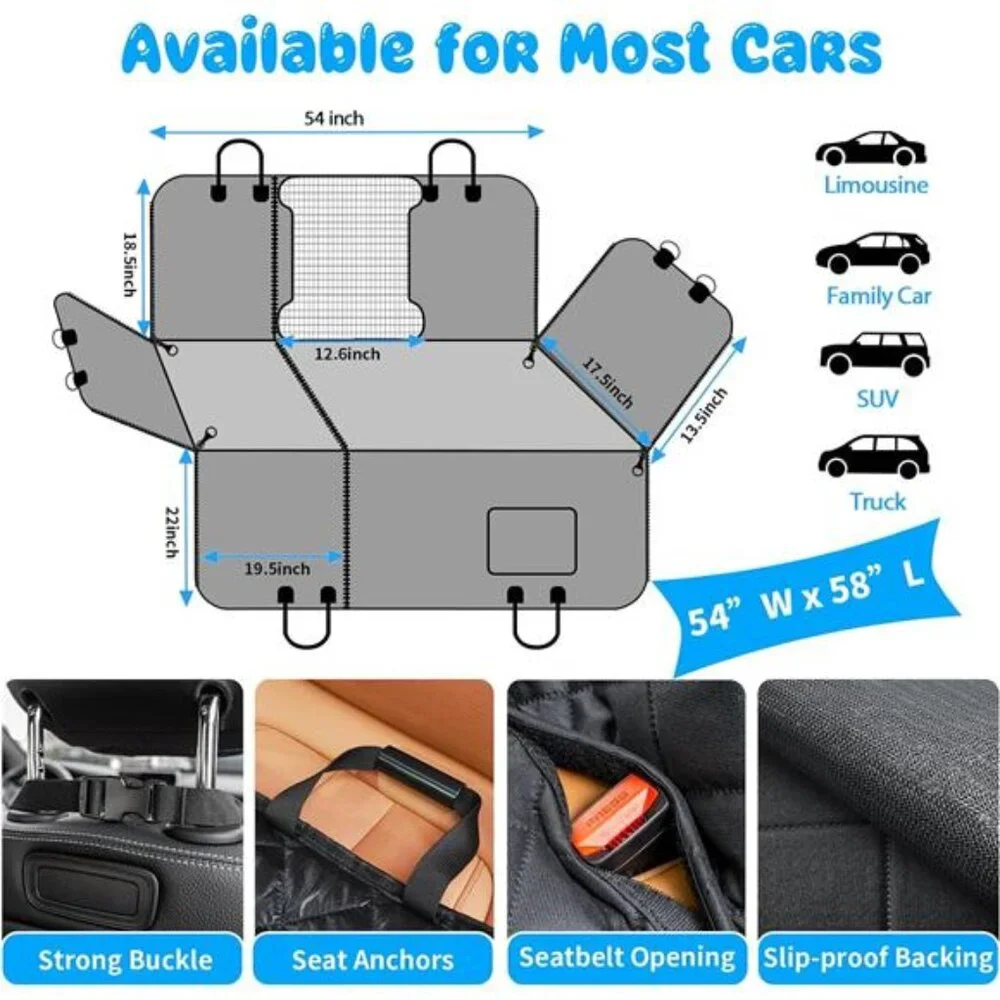 6-in-1 Dog Car Seat Cover for Back Seat, Waterproof Dog Car Hammock 40/60 Split